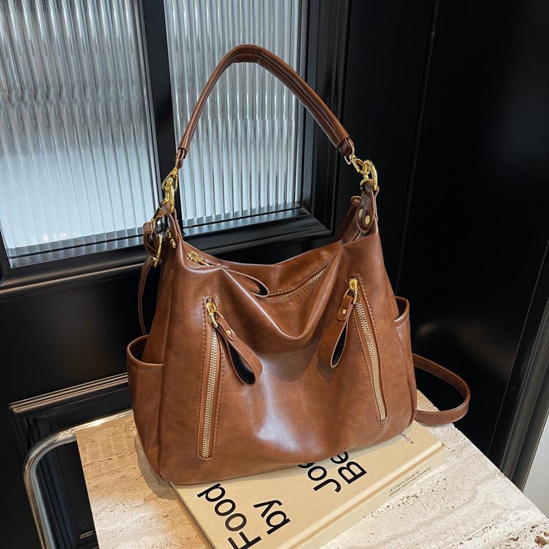 New Retro Handbag Bag Women's Bag Trendy Commuter Tote Bag Double Zipper Oily Leather Shoulder Messenger Bag