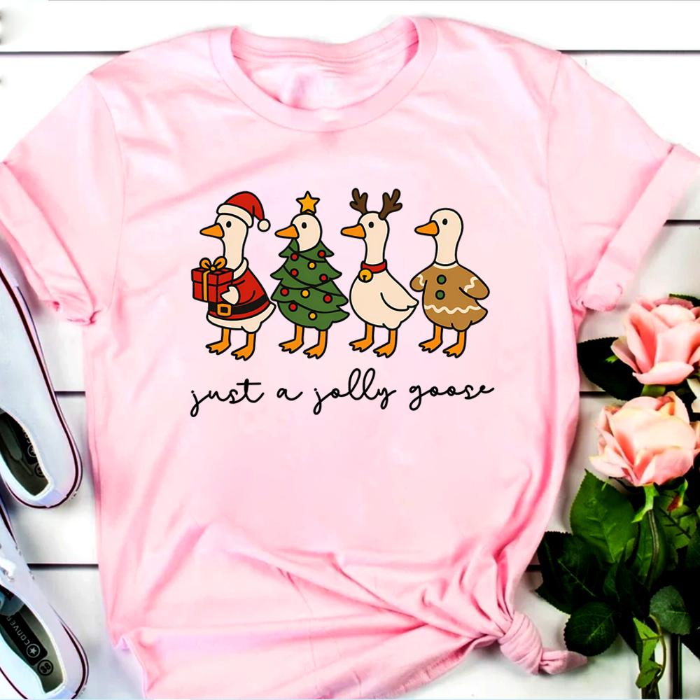 Cute Just A Jolly Goose Tshirt Christmas Goose Shirt Funny Santa Tshirt Gingerbread Goose Graphic Tee Unisex Short Sleeves Tops