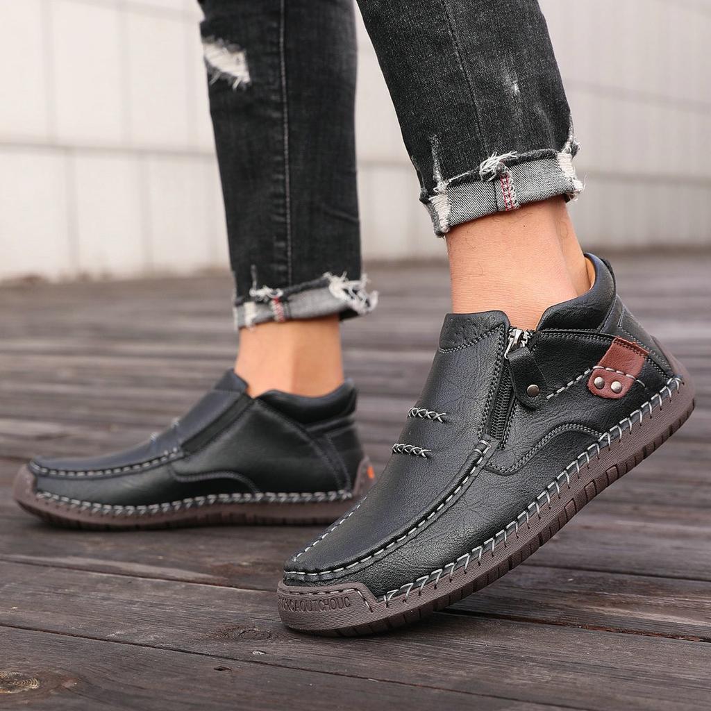 Men's High-top Casual Leather Shoes Hand-stitched Plus Size 38-50 Non-slip Soft Sole Flats with Zipper for Walking Working