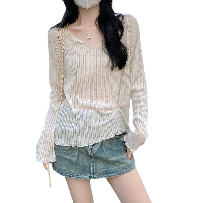Elegant V-neck Micro-Sheer Sun Protection Cardigan - Women's Summer Loose Fit Long-Sleeve Base Shirt