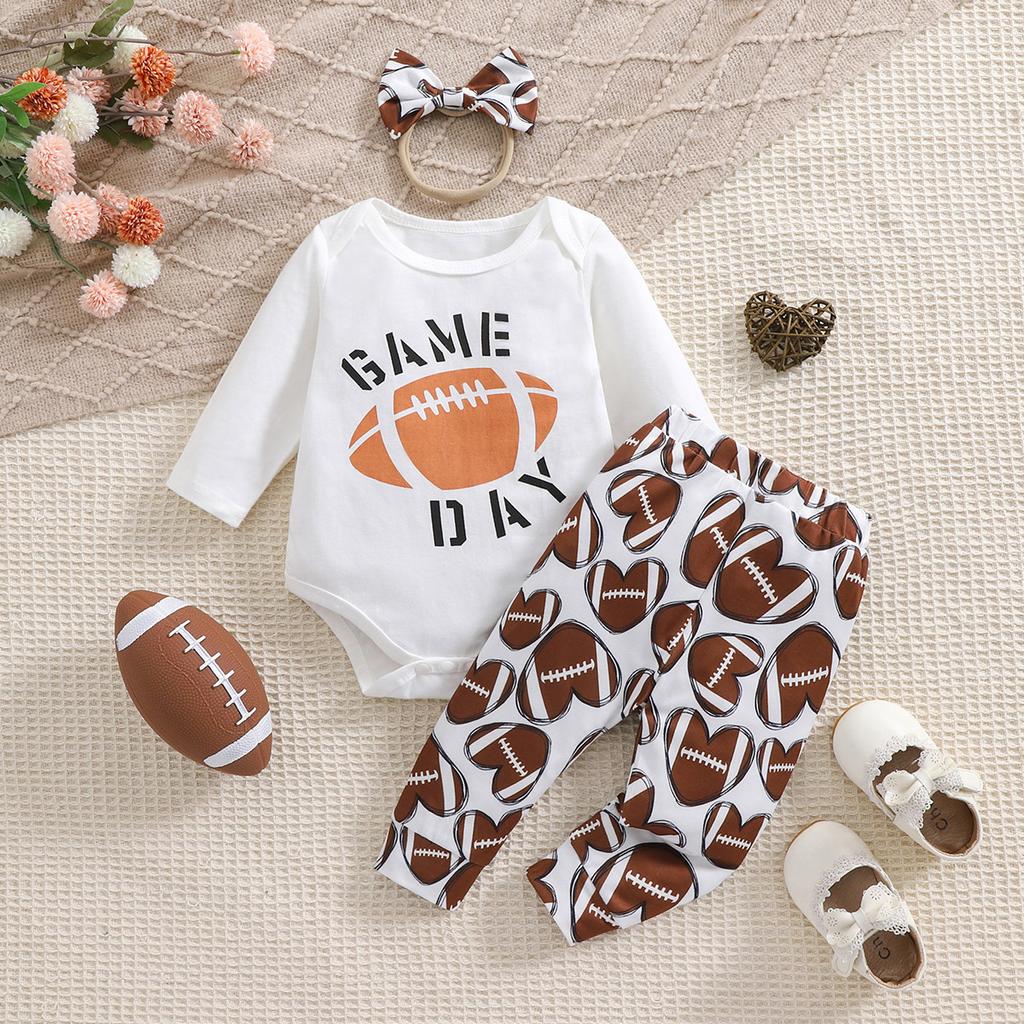 Baby Girl Cute Rugby Letter Long Sleeve Cotton Bodysuit Full Print Trousers With Hairband Outfit Set