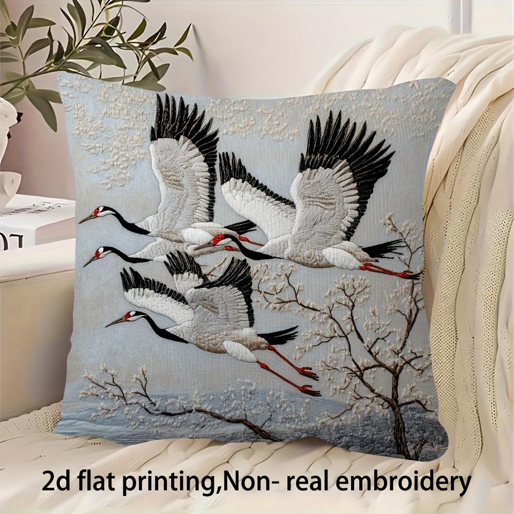 2D Flat- Vintage Flying Red Crowned Cranes Decorative Throw Pillow Cover Winter Landscape Square Cushion Case
