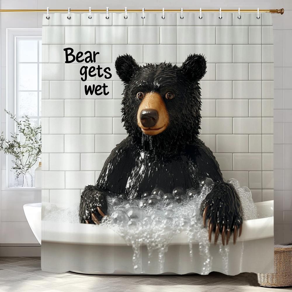 Cute Black Bear Bathing in the Bathtub Shower Curtain, Bathroom Decorative Shower Curtain, Waterproof Shower Curtain with Hooks