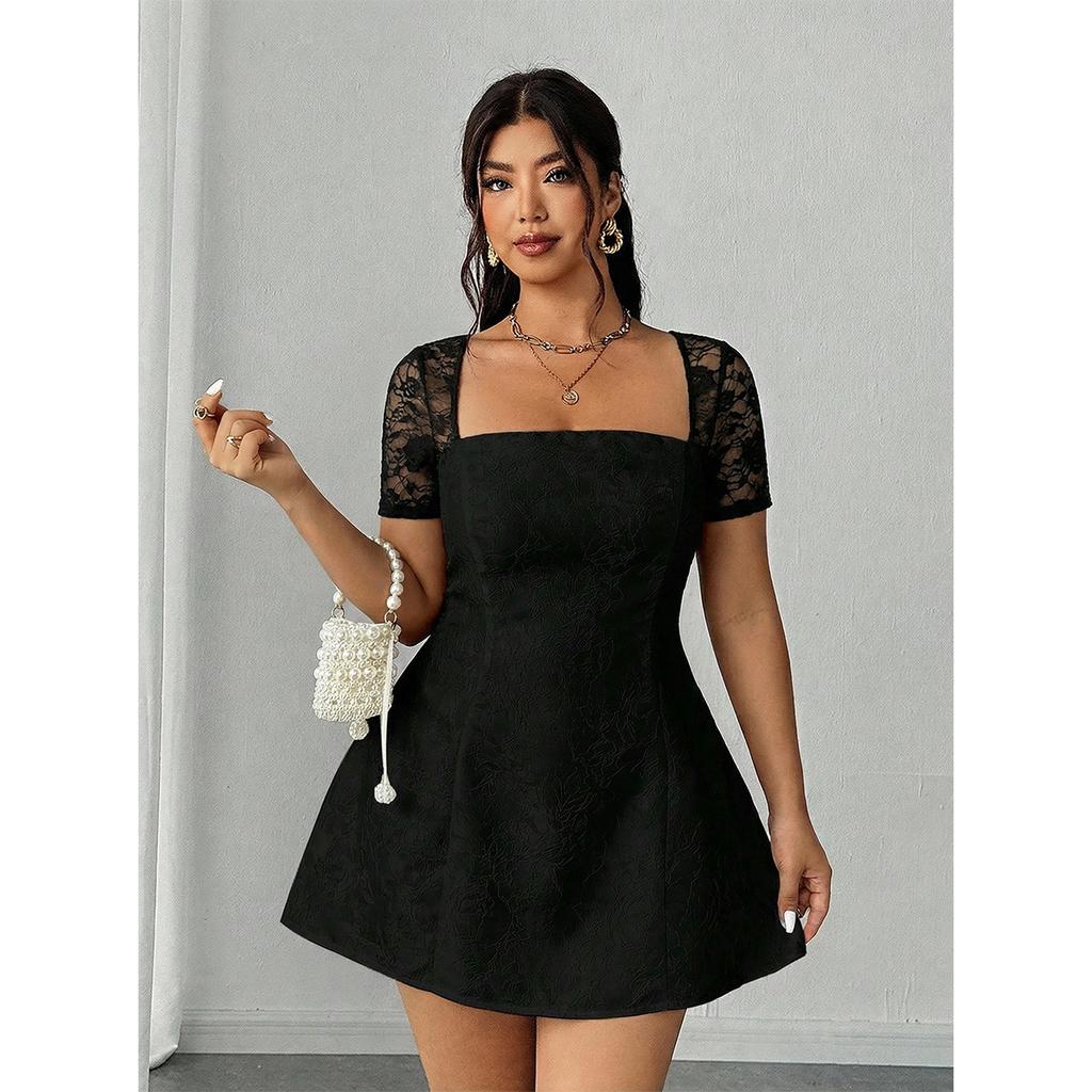 Plus Size French Square Neck Lace Dress Waist Fitted Slim Little Black Dress Sexy Backless Dress Fashion Elegant Comfortable Versatile Dress