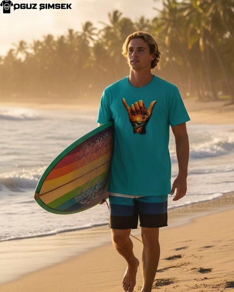 

Tropical Shaka Sunset T-Shirt | Hawaiian Surfer Shaka Hand Sign Graphic Tee 2XL