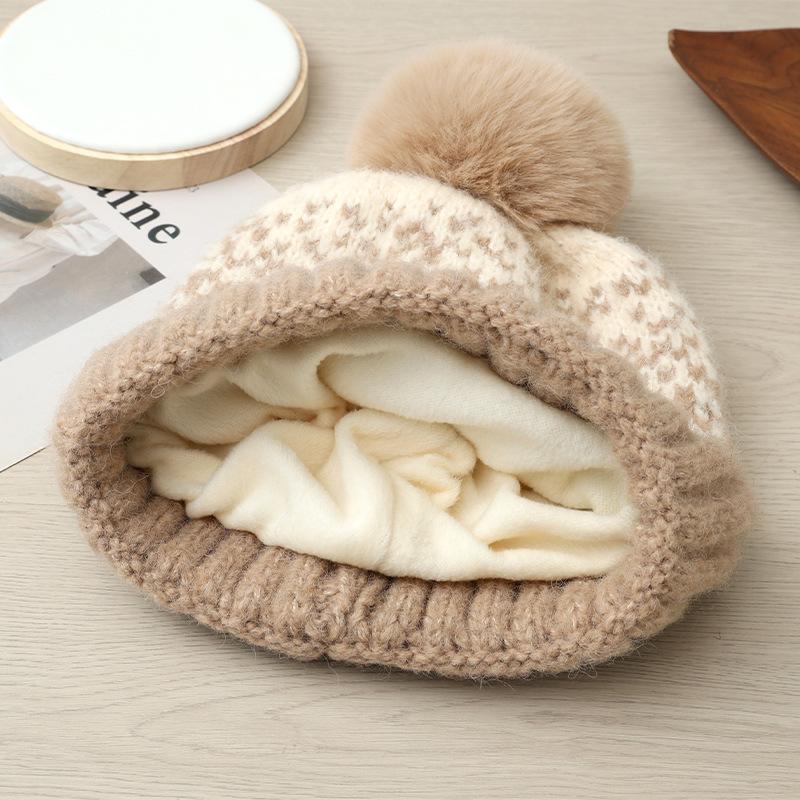 Korean Version of Autumn and Winter Hat for Women with Velvet Rabbit Wool Knitted Hat Wool Ball Cute Wool Hat Ear Protection Warm Pullover Hat