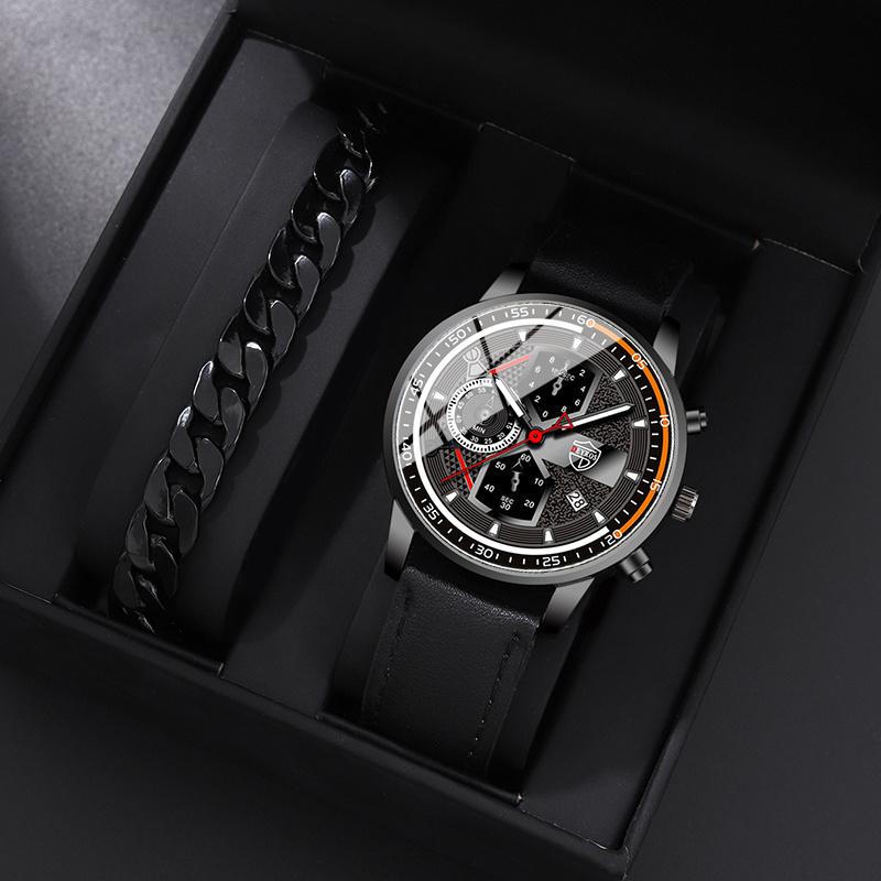 2PCS Set DEYROS Luxury Men's Watch Luxury Men's Leather Strap Calendar Watch Casual Men's Quartz Watch&Bracelet Father's Day Gift