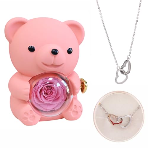 

[Drawelry] Personalized Heart Necklace with Authentic Rose Bear Jewelry Box, Preserved Eternal Rose Hug Bear Gift Set, Heart Necklace and Bear Box, Ch