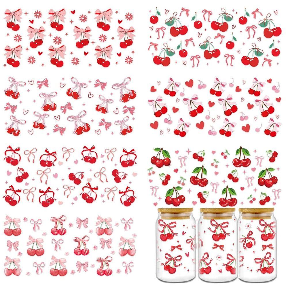 7Pcs/Bag Smooth UV DTF Transfer Sticker Clear Pink Bow Decals  For 16Oz Glass Cup