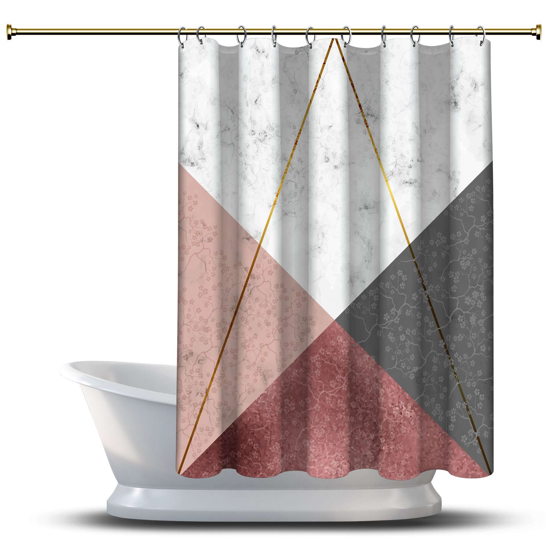 

Занавеска для душа с принтом и геометрическим рисунком / Водонепроницаемая для украшений вашей ванной комнаты - Многомерная текстура мрамора, розовые треугольники