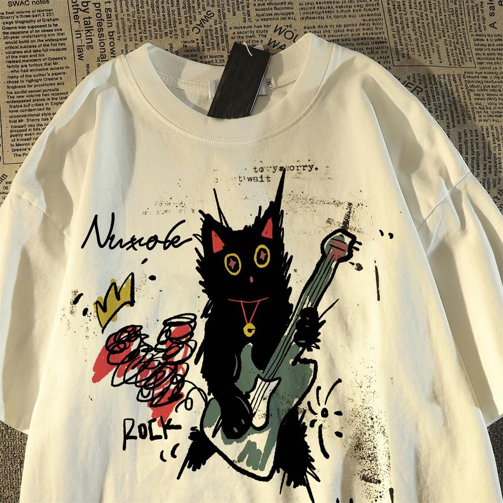 

Womens Summer Tshirt Cute Black Cat Guitar Print Short Sleeve Crew Neck Casual Loose Tee Y2K Streetwear Tops S