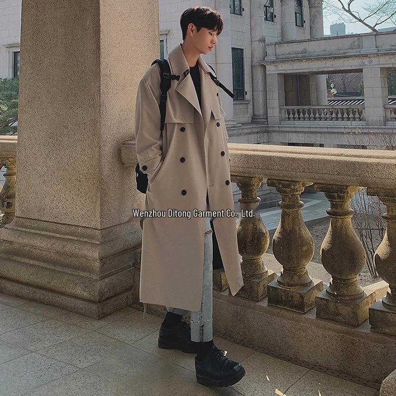 Men's Korean Style Double-Breasted Mid-Length Trench Coat - Trendy, Loose, Over-the-Knee, Versatile Casual Jacket for Spring and Autumn