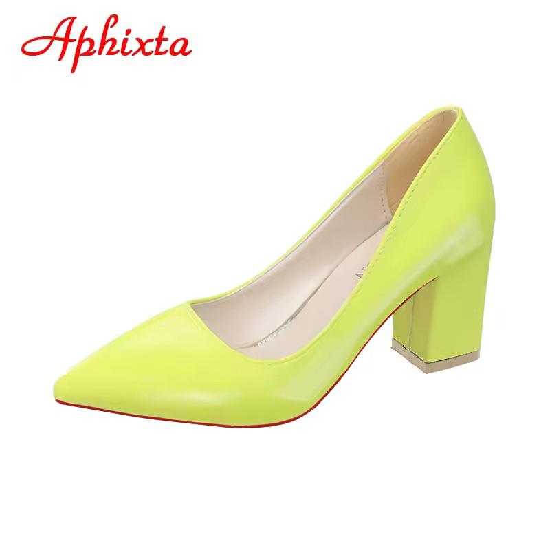 

Aphixta New 2.9Inch Pointed Tou Patent Leather Shoes Women Pumps Purple Colorful Thick Heels Work Pointed Toe Heels Plus Size 50 40 зелёный