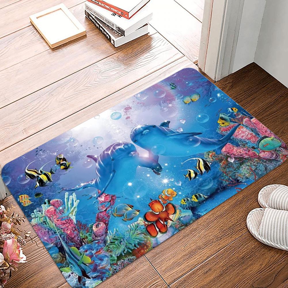 Romantic Sunset Ocean Door Mat with Dolphins and Coral Reefs Non-slip Entrance Rug for Home Decor Living Room Bedroom Decoration