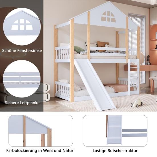 Bunk Bed with Fence Anti-fall Device Characteristic Windows Ladder Wood Frame Family Loft Bed Home