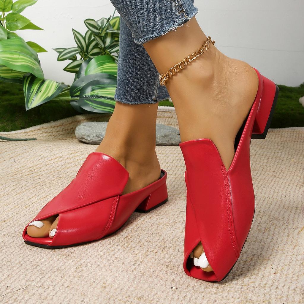 2025 Fashion Half Slippers Female Square Head Personalized Open-toe Square Heel Sandals Fashion Low Heel Outside Wear Slippers