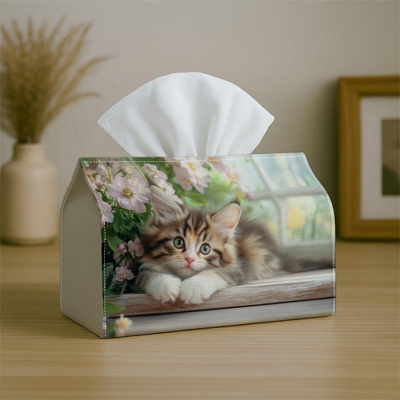 2D Flat, 1pc Window-Style Tissue Box with Grille And Kitten Pattern, Multifunctional Napkin Holder, Suitable for Home, Car, Bedside Decor, Compatible