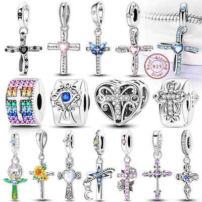 925 Silver Angel Cross Charm Beads Pendants for DIY Bracelets Fashion Jewelry Making Women Classic Original Charms