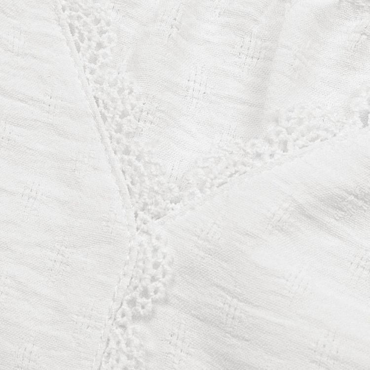 Summer Women White Lace Panel V Neck Short Sleeve Loose Blouse Shirt