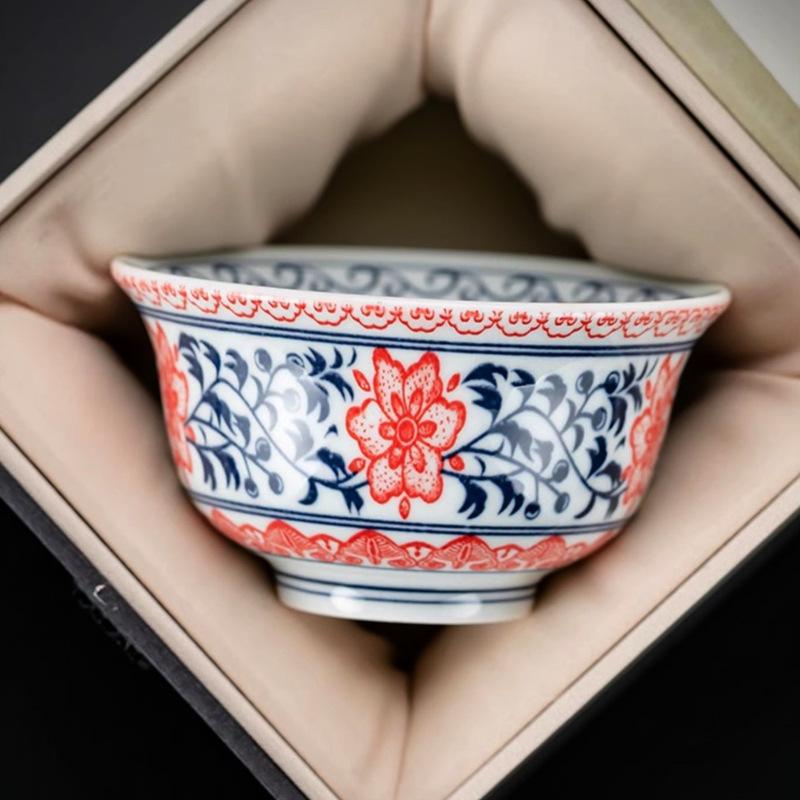 Antique Lotus Hand-pressed Cup Kung Fu Teacup Blue and White Underglaze Host Cup Small Tasting Tea Bowl Chinese Gongfu Teaware