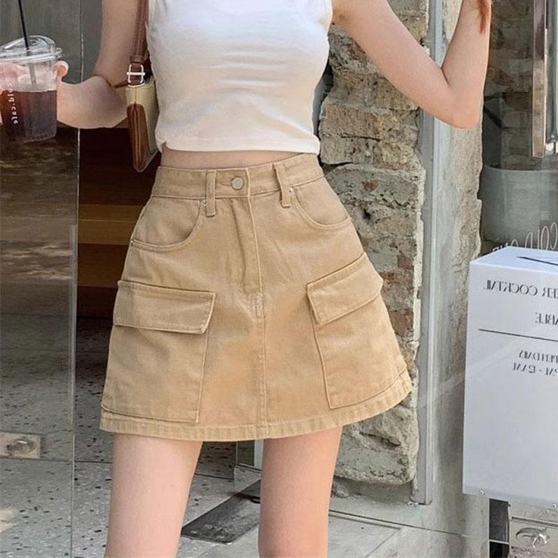 Retro Workwear Denim Skirt Women Summer High Waist Loose A-line American Hot Girl Short Skirt Ins Trendy