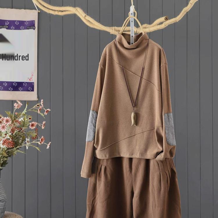 Women's Ethnic Patchwork Thermal Fleece Pullover - Mock Neck, Autumn/Winter, Loose Fit