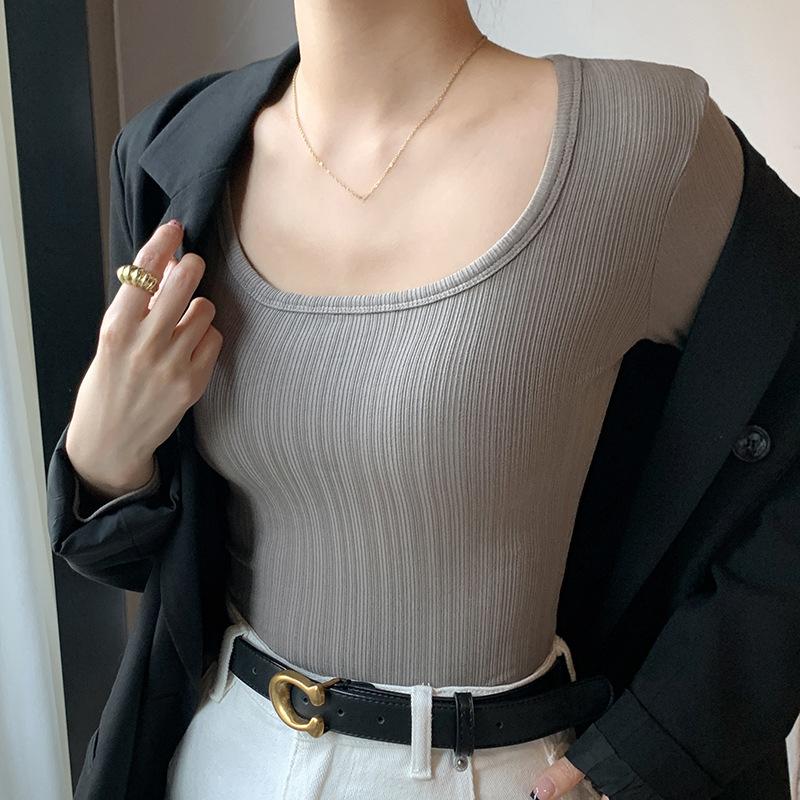 U-neck Sweater Solid Color Slim Knitted Sweater T-shirt Long-sleeved Top Low-neck Inner Layer Slim Pullover Women's Clothing