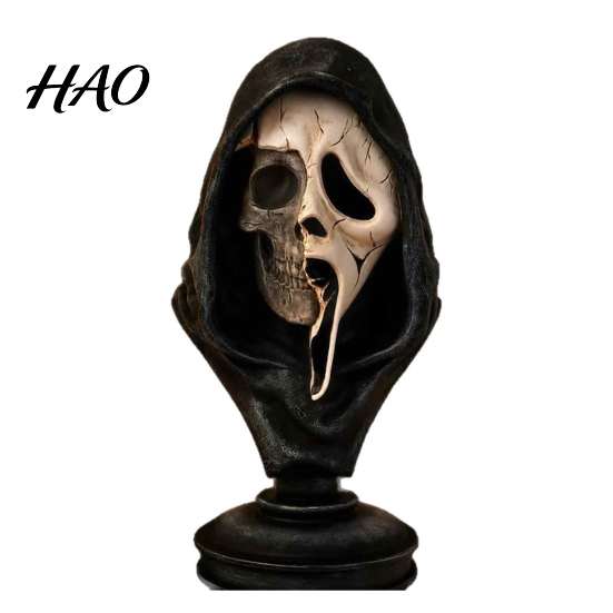 Halloween Horror Decoration Ghost Face Skeleton Bust Statue, Spooky Resin Figurine, Creepy Sculpture for Display Collectible Tabletop Party,