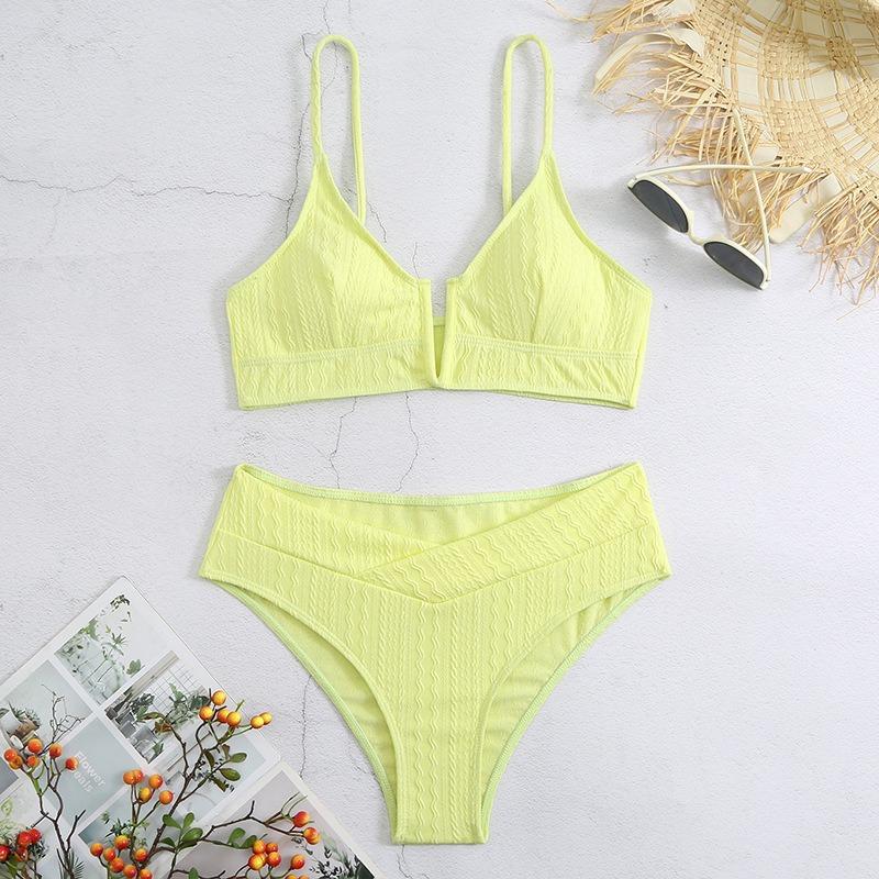 

Однотонный купальник из двух частей для женщин, сексуальное бикини с V-образным вырезом и высокой талией, купальник без спинки на бретелях для пляжа, новинка лета 2025 XL жёлтый