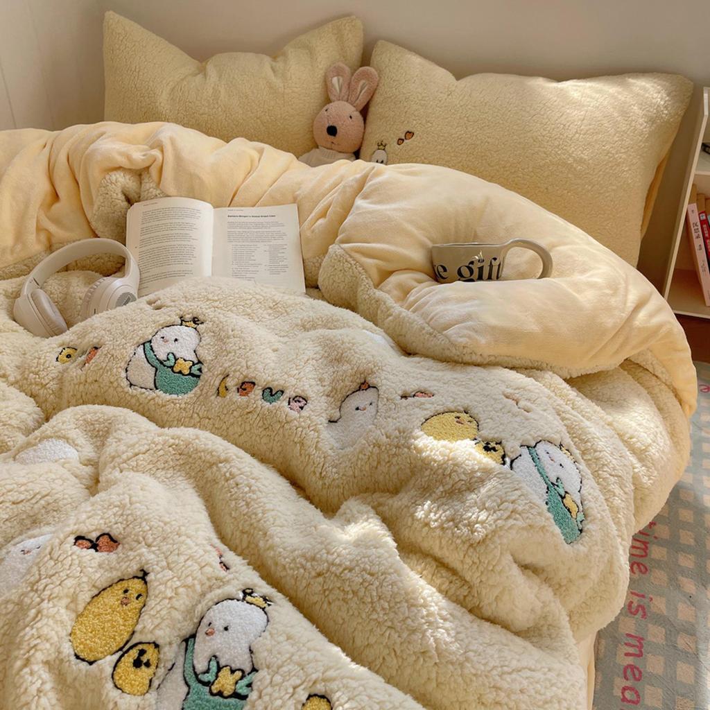 Cozy Kawaii Lambswool Fleece Embroidered Towel 4-Piece Set