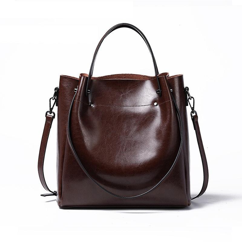Genuine Leather Women's Bag Wax Leather Large Capacity Bucket Bag New Solid Color Fashionable Shoulder Bag Commuter Crossbody