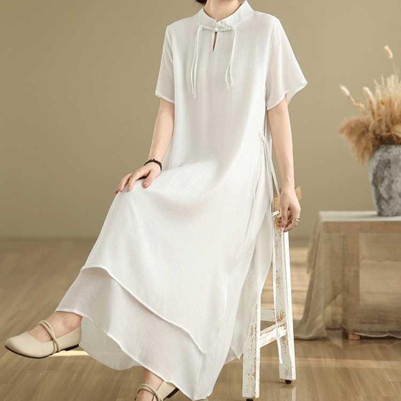 Summer Women's Short-sleeved Dress with Double Base Layers