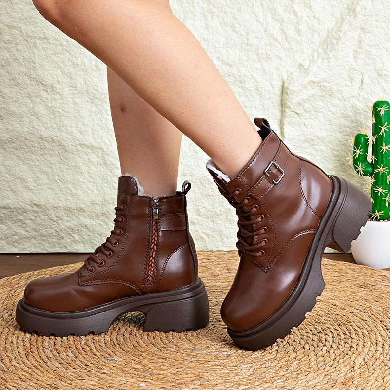 Brown Retro  Boots For Women British Styleautumn And Winter New Thick-Soled Height-Increasing Short Boots With