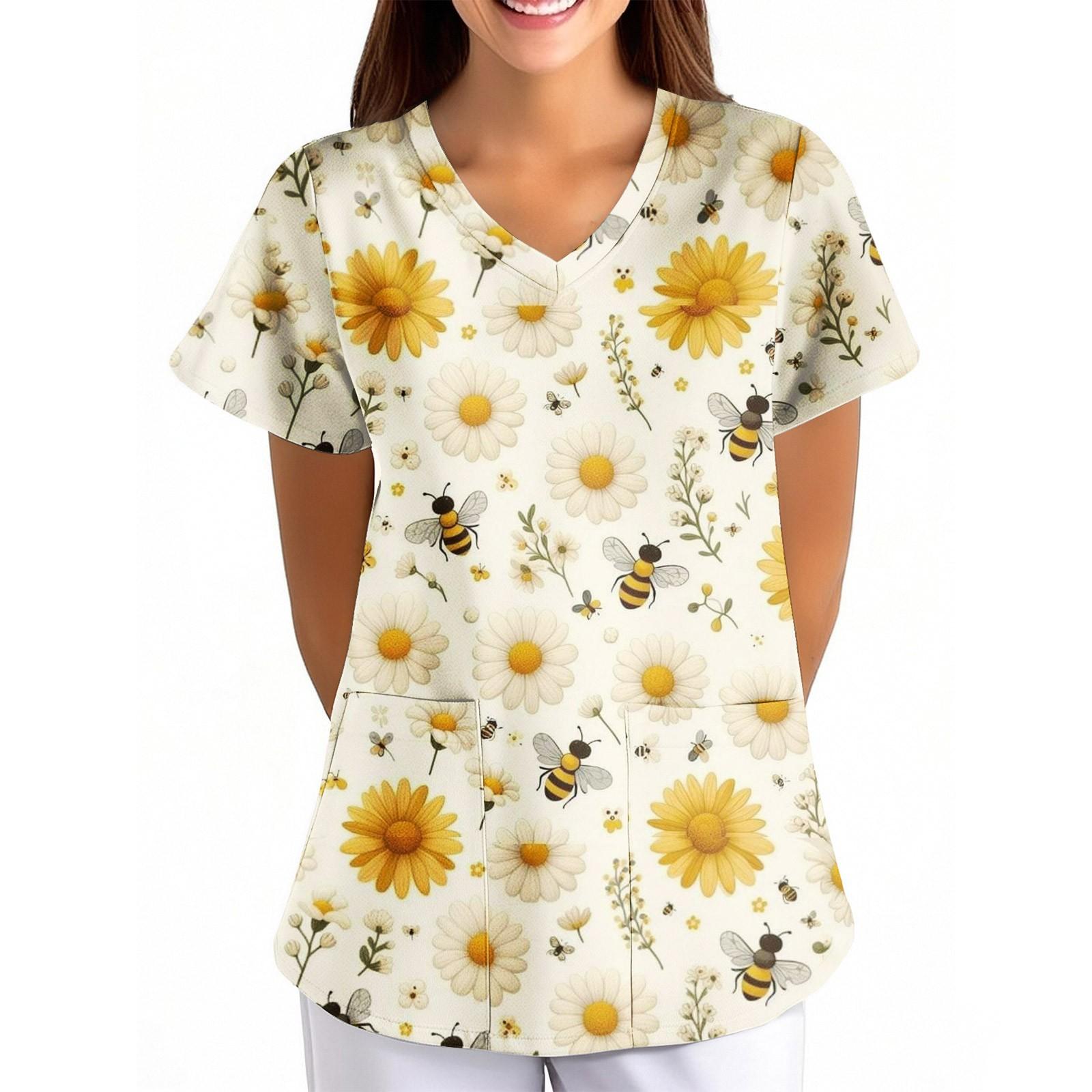 

Женская униформа с цветочным принтом пчелы, свободная, с V-образным вырезом, карманом и коротким рукавом XL