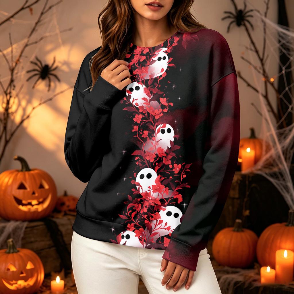 Women's Casual Long Sleeve Halloween Print Crewneck Sweatshirt