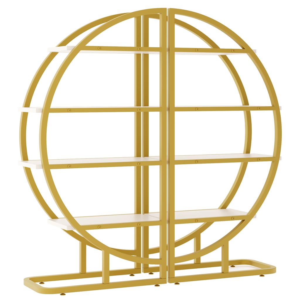 120×30×130 Cm Round Arch Standing Shelf – 2-Piece Metal Bookshelf with Gold Frame & 4 White MDF Shelves, for Living Room, Kitchen & Decoration