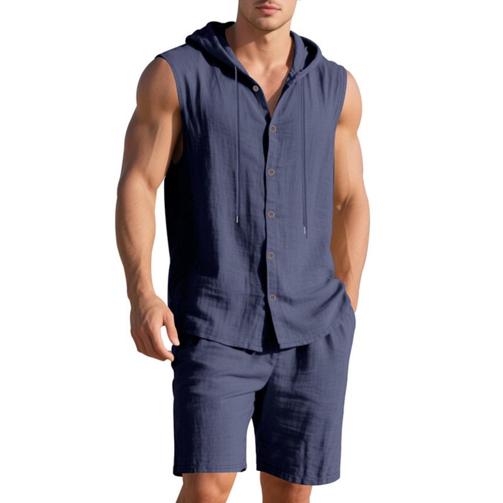 Men's Linen Set, Solid Color Lightweight Hooded Sleeveless Shirt And Elastic Waist Breathable Shorts, Two-piece Set, Men's Vacation Beach Set