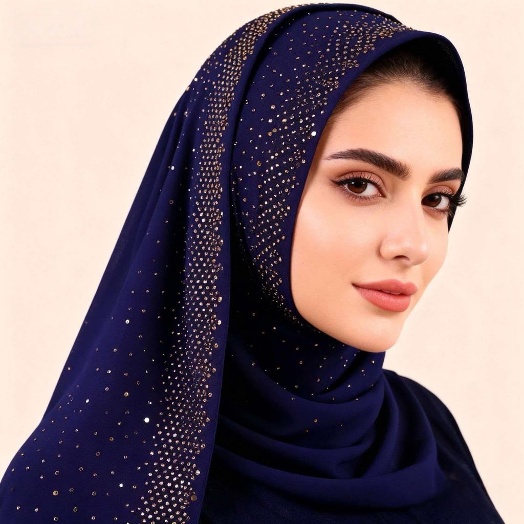 Full Cover Rhinestone Chiffon Scarf Solid Color Breathable Prayer Hijab Crinkle Shawl