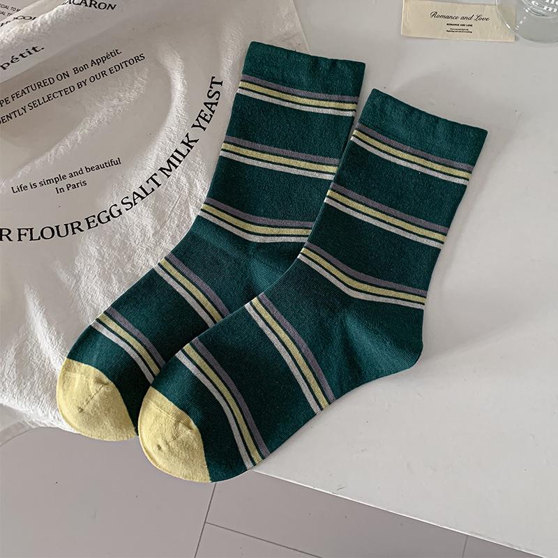 Retro Maillard Coffee Striped Mid-Calf Socks for Women - Autumn/Winter Academic Style Fashion Block Korean Loose Fit.