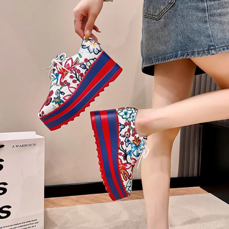 Fashion Ladies Shoes 2024 Lace Up Women's High Heels Plus Size Casual Pumps Women Print Round Toe Platform Wedges Shoes Women Zapatos