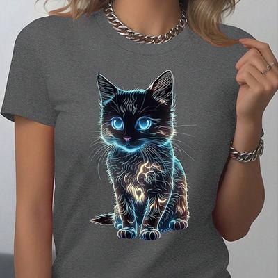 Fashion Women Cool Cat Print T Shirt Funny Casual O-neck Short Sleeves T-shirt Summer Female Tee Shirt