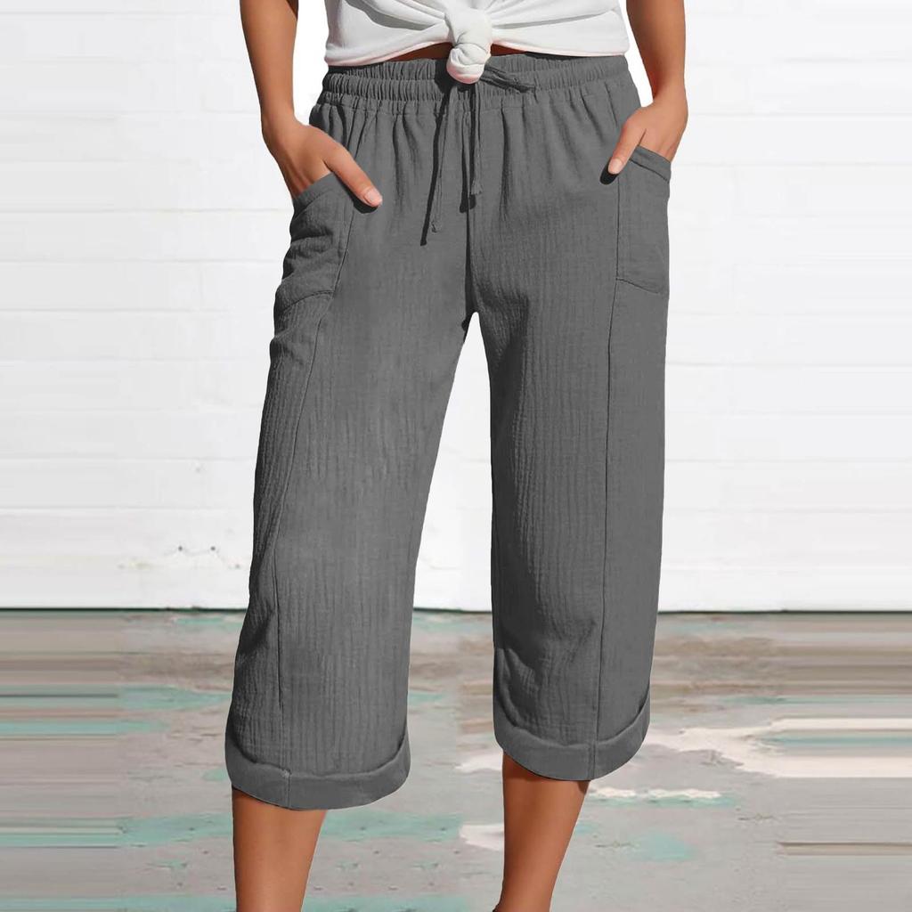 Women's Summer 3/4 Trousers  Summer Trousers With Pockets Causal Loose Trousers Fabric Trousers Sport Leisure Beach Trousers