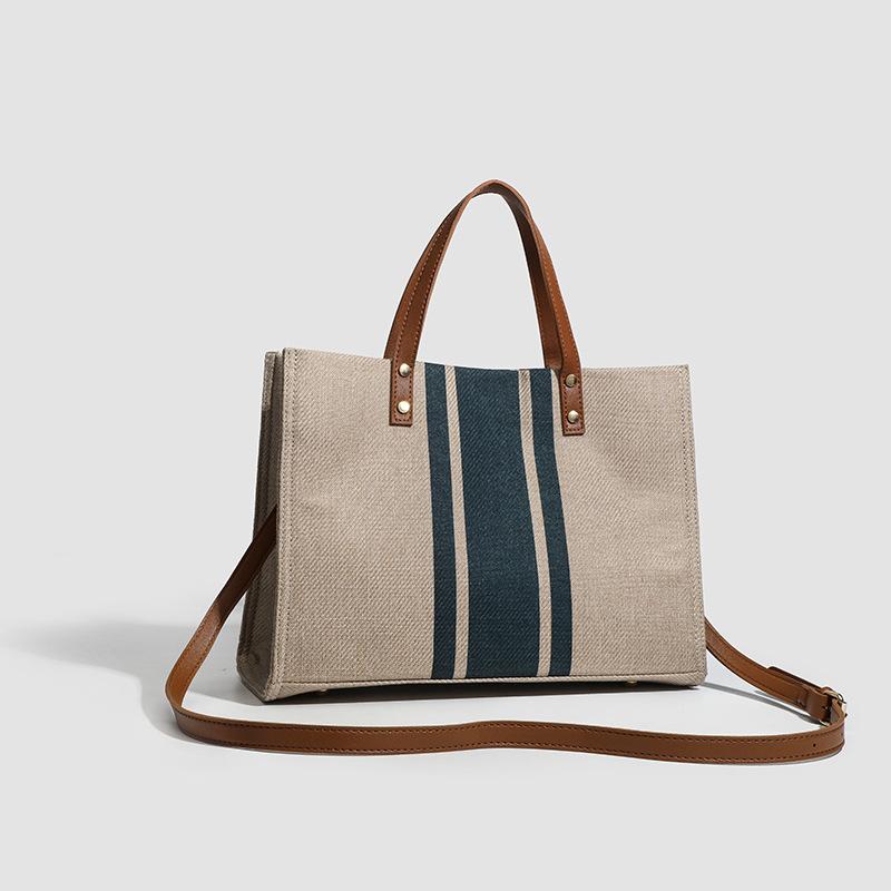 Women'S Portable Tote Bag Fashion Commuter Stripe Simple Shoulder Large Bag Large Capacity Canvas Bag