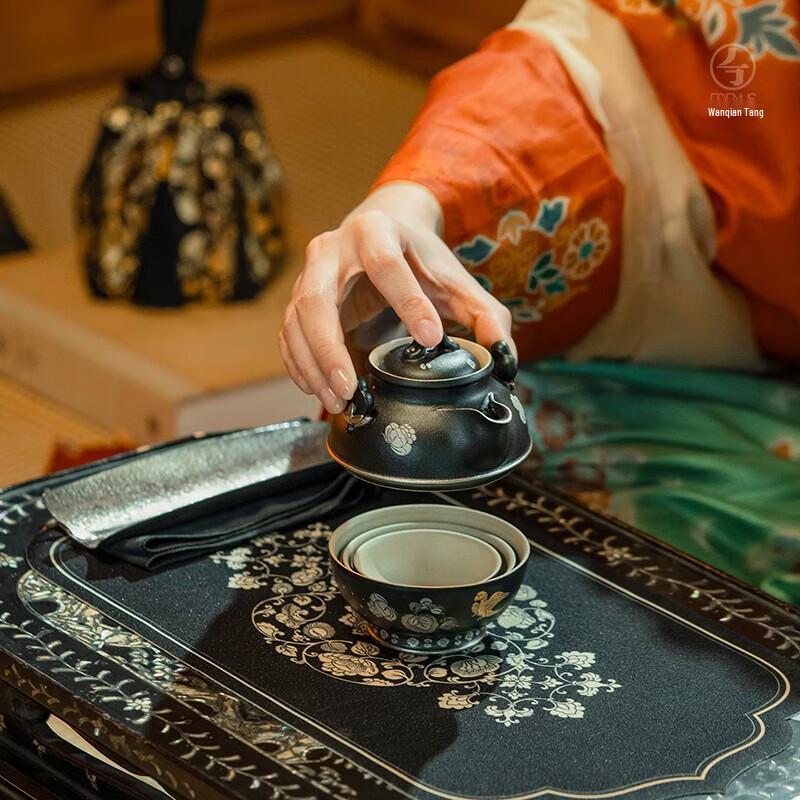Wanqiantang Edenus Lacquer Red Glaze Travel Tea Set (1 Pot, 3 Cups)