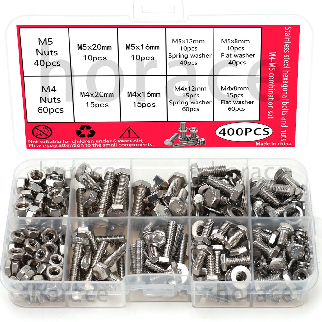 400 PCS, Stainless Steel Hexagon Bolt and Nut Combination Set, M4, M5, Hexagon Head - Including Flat Washers, Spring Washers, (b