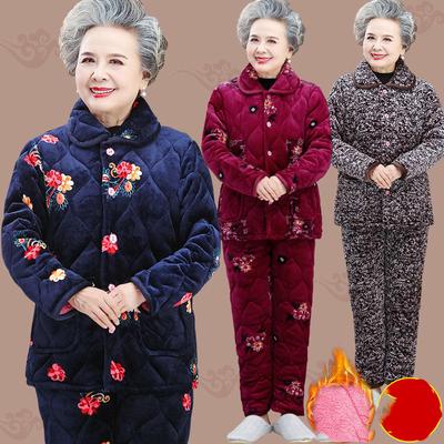 Pijamas de abuela de tres capas, ropa de hogar gruesa para madres mayores, conjuntos de pijamas de terciopelo coral, traje de invierno, pantalones cálidos, dos piezas