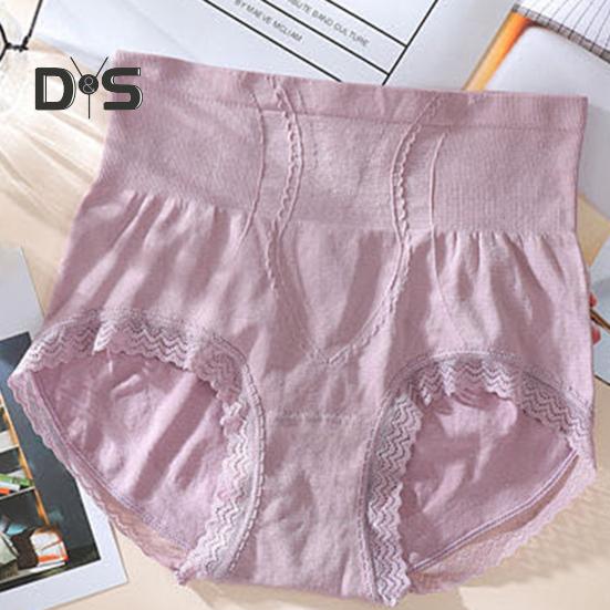 Women High Waist Seamless Panties Hip Lifting Tummy Control Lace Trim Ribbed Briefs Elastic Skinny Underpants