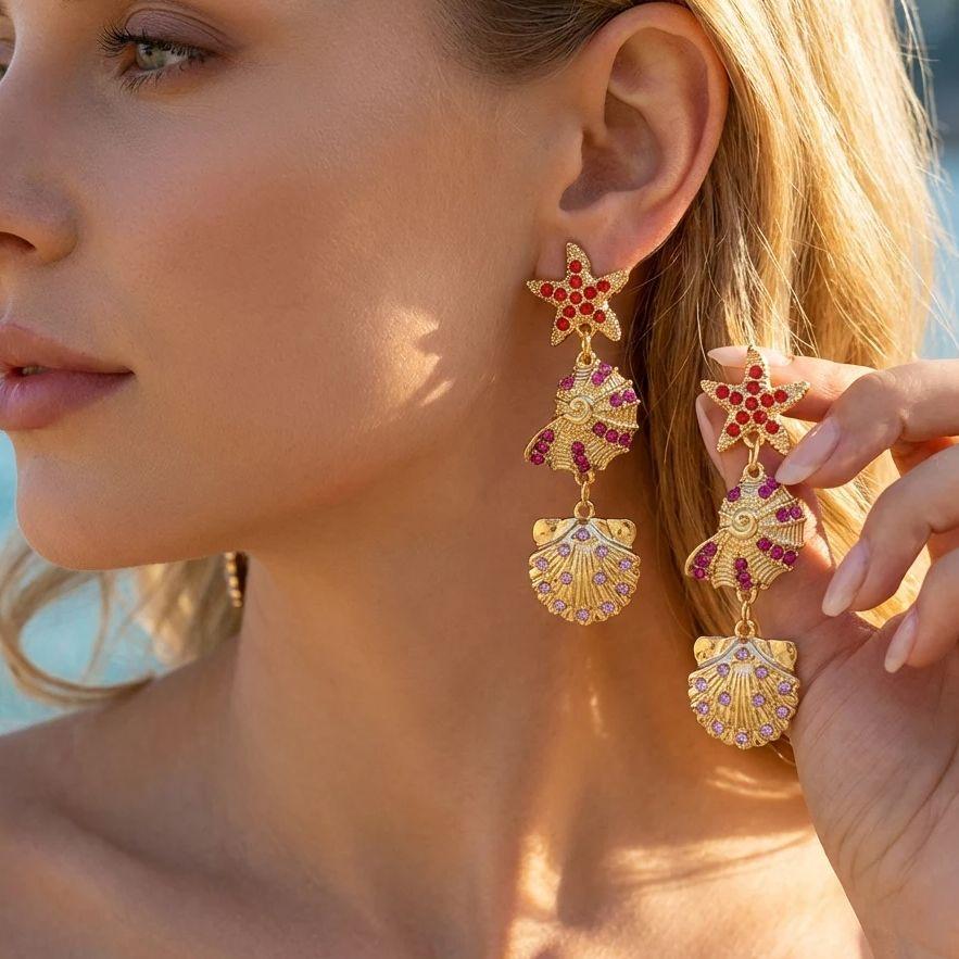 Bohemia Starfish Conch Pendant Earrings for Women Retro Colorful Zircon Irregular Geometric Ocean Earring Party Vacation Jewelry