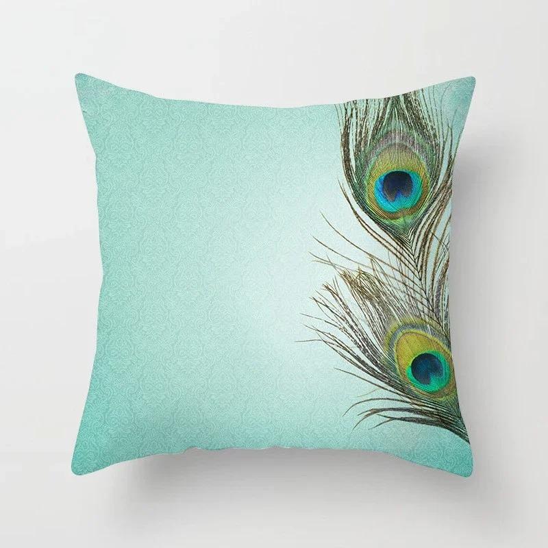Peacock Feather Pattern Polyester Cushion Cover Throw Pillow Decorative Cushion Pillow Cover Sofa Decorative Pillow Cover