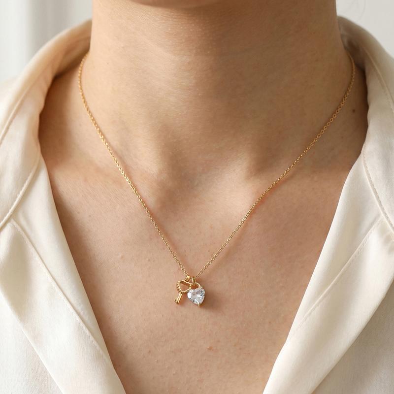 Lock and Key Heart Necklace for Women, Luxury Gold Plated Stainless Steel Zirconia Pendant, Valentine Gift